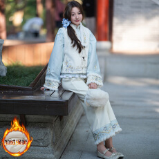 批发实拍新中式改良毛绒刺绣袖口盘扣上衣加棉国风马甲古典阔腿裤套装