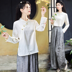 批发实拍新中式气质斜襟盘扣重工提花衬衫搭配墨染国风提花裤子两件套