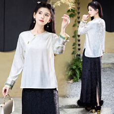 批发实拍新中式唐装国风圆领斜襟刺绣长袖上衣搭配毛边提花半身裙套装