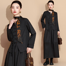 批发实拍新中式唐装盘扣小V领长袖上衣领带服改良女古风半身裙三件套