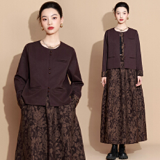 批发实拍新中式汉服圆领长袖开衫上衣搭配重工提花刺绣半身裙两件套