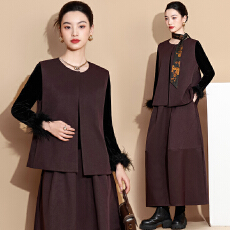 批发实拍新中式圆领毛边长袖女打底搭配改良马甲国风半身裙领带三件套