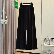 批发实拍新中式国风复古改良潮流气质纯色丝绒宽松显瘦阔腿女直筒长裤