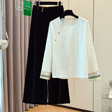 批发实拍新中式汉服国风圆领斜襟刺绣长袖上衣搭配丝绒直筒长裤两件套