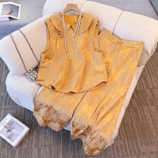 批发实拍新中式古典汉服重工提花刺绣翻领盘扣马甲搭配阔腿长裤套装