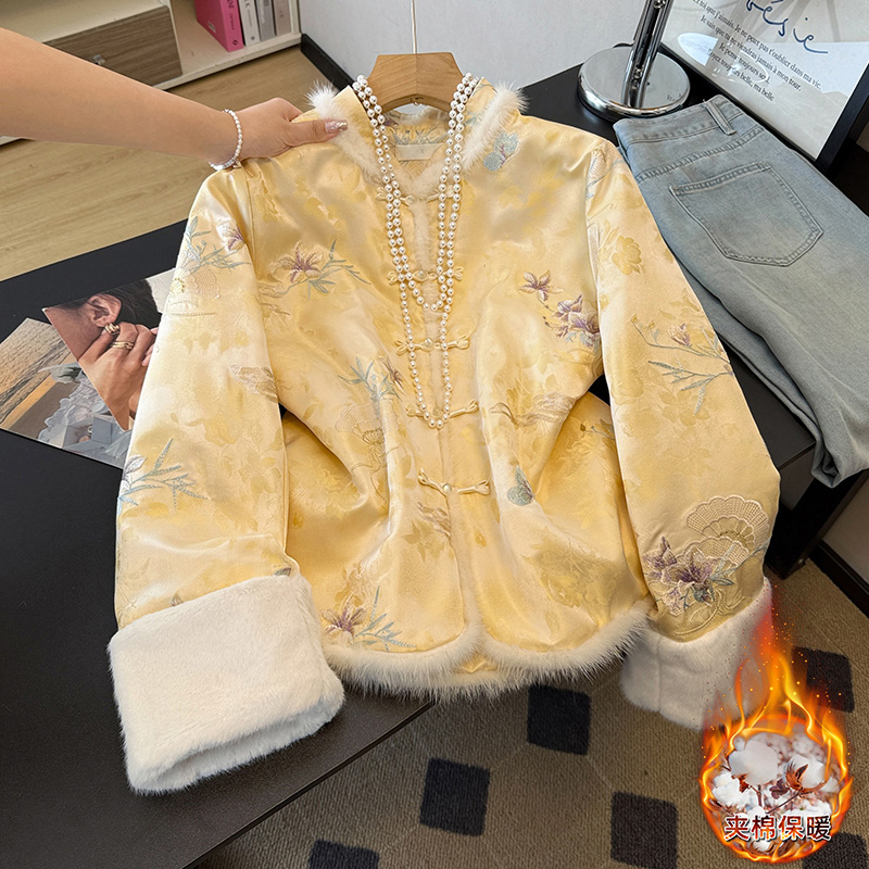实拍新中式唐装汉服立领盘扣夹棉改良毛领毛边缎面提花加厚外套