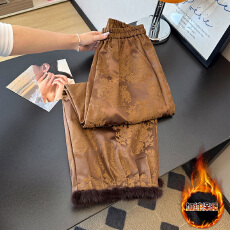 批发实拍新中式汉服古典改良缎面提花刺绣毛边加绒直筒国风阔腿长裤