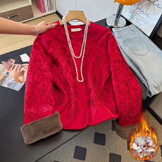 批发实拍新中式古典汉服圆领盘扣夹棉改良毛边丝绒提花刺绣女加厚外套