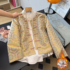 批发实拍新中式国风缎面提花圆领盘扣夹棉加厚唐装复古汉服长袖外套