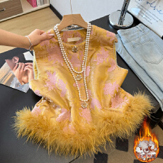 批发实拍新中式汉服缎面重工提花圆领夹棉加厚盘扣改良鸵鸟毛背心马甲