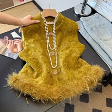 批发实拍新中式气质唐装重工提花刺绣圆领加厚鸵鸟毛复古汉服背心马甲