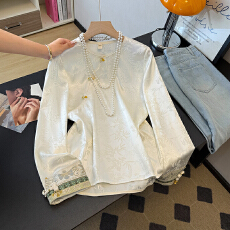 批发实拍新中式唐装国风圆领斜襟盘扣拼接刺绣长袖上衣衬衫