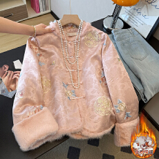 批发实拍新中式唐装汉服立领盘扣夹棉刺绣毛领毛边缎面提花保暖外套