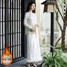 批发实拍新中式汉服国风圆领斜襟刺绣长袖上衣搭配毛边提花半身裙套装