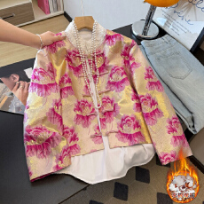 批发实拍新中式唐装汉服圆领盘扣夹棉长袖织锦改良女缎面提花保暖外套