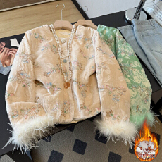 批发实拍新中式<b class='q'>唐装</b><b class='q'>汉服</b>重工提花圆领夹棉加厚鸵鸟毛立体镶嵌长袖外套