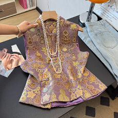 批发实拍新中式重工人丝提花民族风斜襟立领盘扣改良<b class='q'>唐装</b><b class='q'>汉服</b>坎肩马甲