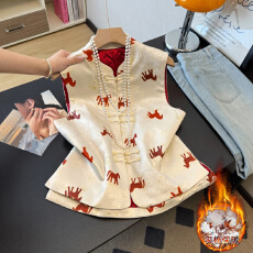 批发实拍新中式<b class='q'>唐装</b><b class='q'>汉服</b>马上有钱缎面提花刺绣夹棉加厚国风坎肩马甲