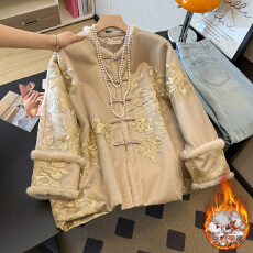 批发实拍新中式<b class='q'>唐装</b><b class='q'>汉服</b>立领盘扣水貂毛缎面重工刺绣夹棉加厚长袖外套