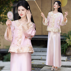 批发实拍新中式改良盘扣重工提花刺绣复古长袖上衣搭配气质<b class='q'>连衣裙</b>套装