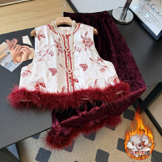 批发实拍新中式重工缎面提花刺绣提花夹棉加厚鸵鸟毛半身裙马甲两件套