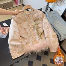 批发实拍新中式改良汉服重工提花圆领夹棉加厚鸵鸟毛立体镶嵌长袖外套