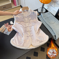 批发实拍新中式古风汉服毛边立领缎面提花刺绣夹棉加厚国风坎肩马甲