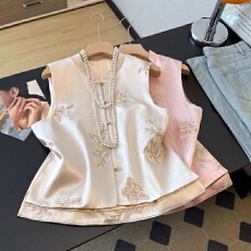 批发实拍新中式国风立领盘扣缎面提花重工刺绣汉服改良民族风马甲上衣