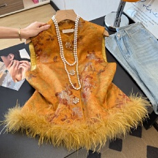 批发实拍新中式国潮<b class='q'>汉服</b>重工提花立领盘扣可拆卸鸵鸟毛背心女<b class='q'>唐装</b>马甲