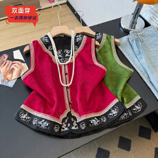 批发实拍新中式复古<b class='q'>唐装</b><b class='q'>汉服</b>两面穿重工提花刺绣拼接下摆国风坎肩马甲