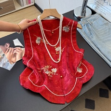 批发实拍新中式复古唐装汉服重工提花刺绣花边圆弧下摆国风坎肩马甲