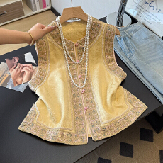 批发实拍新中式重工民族风缎面提花亮片刺绣圆领盘扣开衫拼接马甲上衣