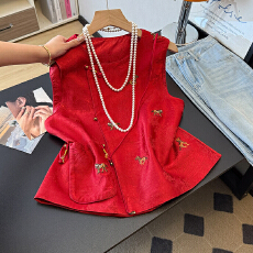 批发实拍新中式马踏祥云圆领斜襟重工刺绣民族风改良唐装汉服背心马甲