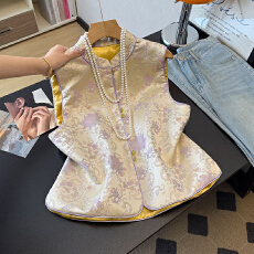 批发实拍新中式改良民族风立领盘扣缎面提花重工刺绣汉服淑女国风马甲