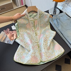 批发实拍新中式改良民族风立领盘扣缎面提花重工刺绣汉服淑女国风马甲