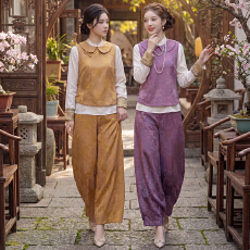 批发新中式国风2026春夏新款提花刺绣翻领盘扣马甲上衣阔腿长裤套装