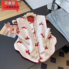 批发实拍新中式马到成功汉服重工提花刺绣花边圆弧下摆两面穿坎肩马甲