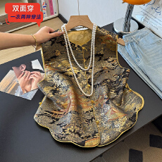 批发实拍新中式春季汉服重工缎面织金提花刺绣花边圆弧下摆两面穿马甲