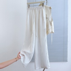 批发实拍新中式春季新款改良松紧腰淑女侧边拼接蕾丝宽松显瘦阔腿长裤