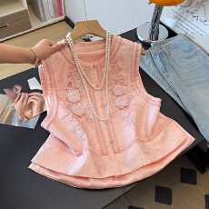 批发实拍新中式改良民族风盘扣重工立体亮片刺绣提花汉服淑女国风马甲