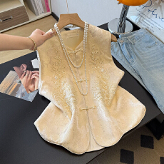 批发实拍新中式春季改良新款立体镶嵌提花刺绣圆弧下摆国风背心女马甲