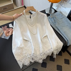 批发实拍新中式春夏新款重工提花刺绣圆领蕾丝边长袖改良女衬衫上衣