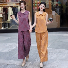 批发实拍新中式2026新款重工提花刺绣翻领盘扣马甲搭配阔腿长裤两件套