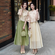 批发实拍新中式春夏新款改良复古提花斜襟立领盘扣上衣搭配半身裙套装