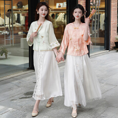 批发实拍新中式春夏新款圆领复古七分袖刺绣上衣搭配名族风半身裙套装