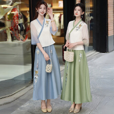 批发实拍民国风<b class='q'>唐装</b>盘扣复古<b class='q'>汉服</b>改良斜襟年轻旗袍中式上衣半身裙套装