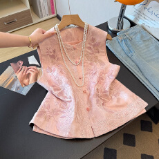 批发实拍新中式春季复古改良重工提花刺绣圆领盘扣领国风马甲上衣外套