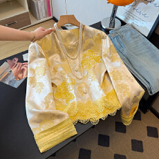 批发高端新中式新款高端真丝重工提花刺绣改良翻折袖花边下摆长袖上衣