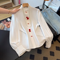 批发高端新中式春夏新款立领花边复古纯色长袖淑女改良百搭衬衫上衣
