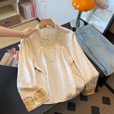 批发高端新中式新款国风重工提花亮片刺绣圆领长袖民族风改良打底上衣